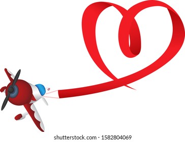 Propeller airplane pulls red heart ribbon isolated on white background for Valentine decorations illustration vector