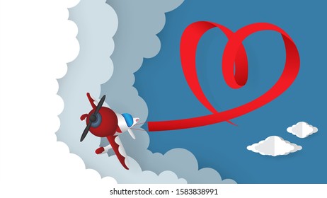 Propeller airplane pulls red heart ribbon on sky background for Valentine decorations illustration vector
