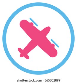 Propeller Airplane vector icon. Style is bicolor flat circled symbol, pink and blue colors, rounded angles, white background.