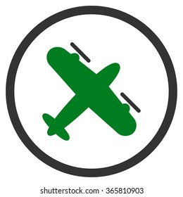 Propeller Airplane vector icon. Style is bicolor flat circled symbol, green and gray colors, rounded angles, white background.
