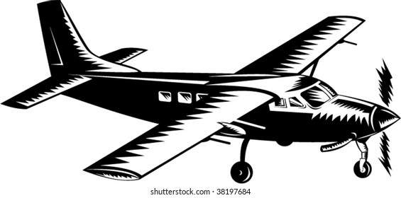 Propeller airplane woodcut style