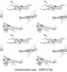 Propeller airplanes vector drawings seamless pattern