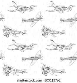 Propeller airplanes vector drawings seamless pattern
