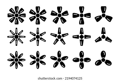 Propeller ceiling fans with 3, 4, 5, 6 blades. Top view. Home electric ventilators. Vector silhouette icon set