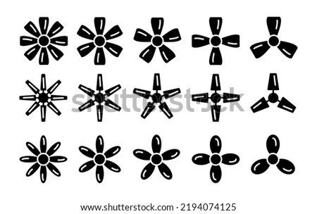Propeller ceiling fans with 3, 4, 5, 6 blades. Top view. Home electric ventilators. Vector silhouette icon set