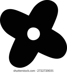 Propeller mit vier abgerundeten Klingen und zentralem Loch, fette Silhouette auf unbeschriebenem Hintergrund. Symbol für Bewegung, Luftstrom, Rotation und technisches Konzept. Cartoon, Vektorgrafik.