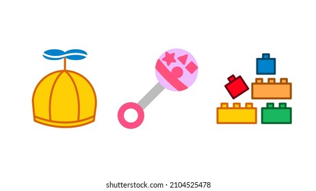 Propeller hat, rattle and nesting cubes baby icon special collection. Colorful kids products icon set. Design element colored flat icon and linear symbol. Editable linear icon set.