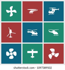 Propeller icon. collection of 9 propeller filled icons such as helicopter, fan, medical helicopter. editable propeller icons for web and mobile.