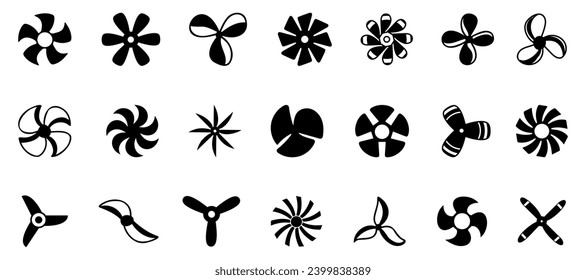 Propeller icon collection in black. Propeller screw icons. Propeller screw icon set. Black airplane propeller