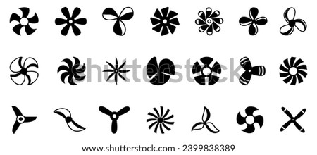 Propeller icon collection in black. Propeller screw icons. Propeller screw icon set. Black airplane propeller