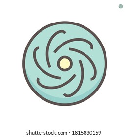 Propeller icon. Device with a rotating hub and radiating blade. Rotational motion of the blades is converted into thrust. Install at front of engine or motor. For aircraft, fan, boat etc. 64x64 pixel.