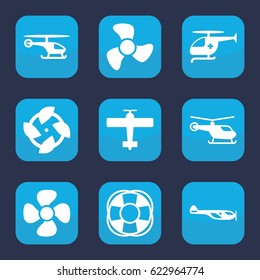 Propeller icon. set of 9 filled propeller icons such as helicopter, fan, medical helicopter