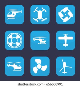 Propeller icon. set of 9 filled propeller icons such as helicopter, fan, medical helicopter, plane