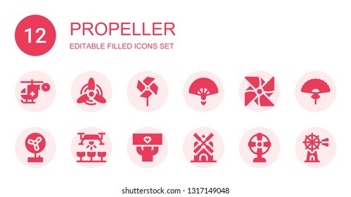 propeller icon set. Collection of 12 filled propeller icons included Helicopter, Windmill, Pinwheel, Fan, Drone, Fans