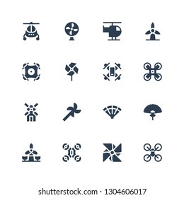 propeller icon set. Collection of 16 filled propeller icons included Drone, Pinwheel, Windmill, Fan, Wind mill, Helicopter