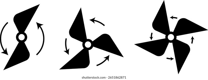  conjunto de ícones de hélice. sinal de vento de resfriador elétrico. Equipamento elétrico de temperatura. Conceito de negócios de sinais mais frios. Símbolo de ventilação do ar
