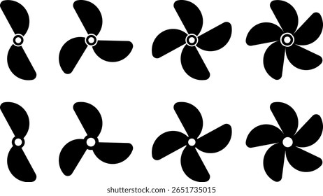 propeller icon set. Electrical temperature equipment. Turbine airflow rotating symbols. Industrial ventilator heating cooling signs
