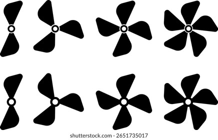 propeller icon set. Electrical temperature equipment. Turbine airflow rotating symbols. Industrial ventilator heating cooling signs
