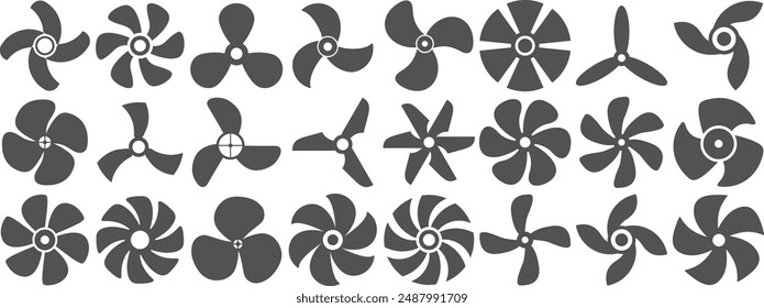 conjunto de iconos de hélice. Vector de hélices de ventilador de diseño plano aislado sobre fondo blanco. Hélice giratoria plana, Elementos del ventilador de refrigeración.  Motores girados, plano o eléctrico turbina de barco ordenado vector iconos conjunto