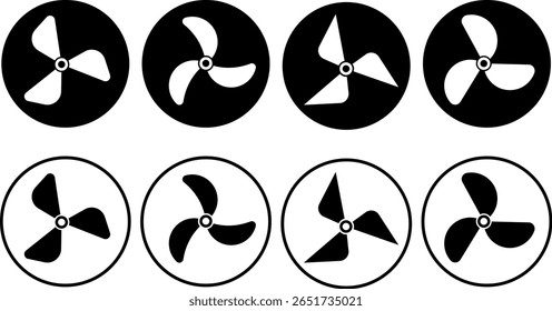 Propeller icon set. propeller for surface drive. Fan speed icons. Conditioning equipment sign. Cooling Fan symbol. Electrical temperature equipment
