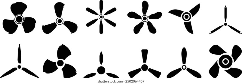 propeller icon set vector design element, engine or motor image, flat design fan propellers vector, isolated on transparent background. wind fan rotating prop, fan, rotor mover, aircraft design.