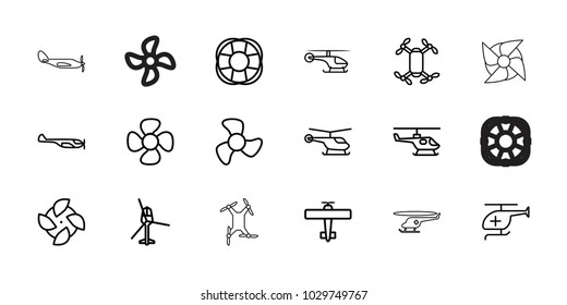 Propeller icons. set of 18 editable outline propeller icons: helicopter, fan, axle with propeller, medical helicopter