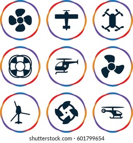propeller icons set. Set of 9 propeller filled icons such as fan, medical helicopter, helicopter, plane