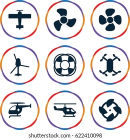 Propeller icons set. set of 9 propeller filled icons such as fan, medical helicopter, helicopter, plane