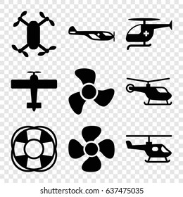 Propeller icons set. set of 9 propeller filled icons such as helicopter, fan, medical helicopter, plane