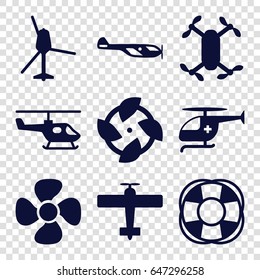 Propeller icons set. set of 9 propeller filled icons such as helicopter, fan, medical helicopter, plane