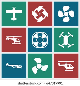 Propeller icons set. set of 9 propeller filled icons such as helicopter, fan, plane