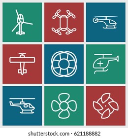 Propeller icons set. set of 9 propeller outline icons such as fan, medical helicopter, helicopter, plane