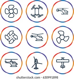 Propeller icons set. set of 9 propeller outline icons such as helicopter, fan, plane