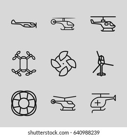 Propeller icons set. set of 9 propeller outline icons such as helicopter, fan, medical helicopter