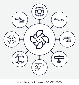 Propeller icons set. set of 9 propeller outline icons such as helicopter, fan, medical helicopter, plane
