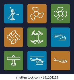 Propeller icons set. set of 9 propeller outline icons such as helicopter, fan, plane