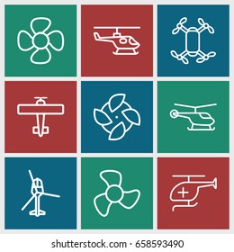 Propeller icons set. set of 9 propeller outline icons such as helicopter, fan, medical helicopter, plane