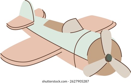 A propeller plane is depicted in a minimalist line art style with muted tones.  The aircraft's simple form and pastel palette suggest a playful child's toy. Cartoon vector illustration