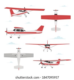 Propeller plane in different views. Small light aircraft with single engine