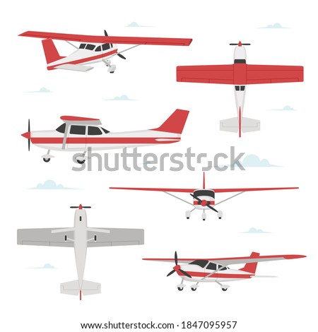 Propeller plane in different views. Small light aircraft with single engine