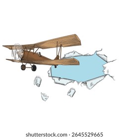 A propeller plane flies through a paper tear