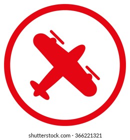 Propeller Plane vector icon. Style is flat circled symbol, red color, rounded angles, white background.