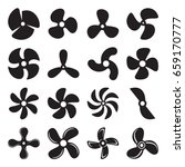 Propeller screw icons. Collection of 16 black symbols isolated on a white background. Vector illustration