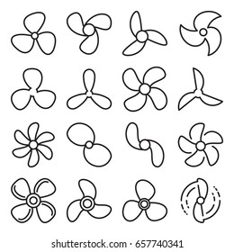 Propeller screw icons. Collection of 16 linear symbols isolated on a white background. Editable stroke. Vector illustration