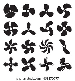 Propeller screw icons. Collection of 16 black symbols isolated on a white background. Vector illustration