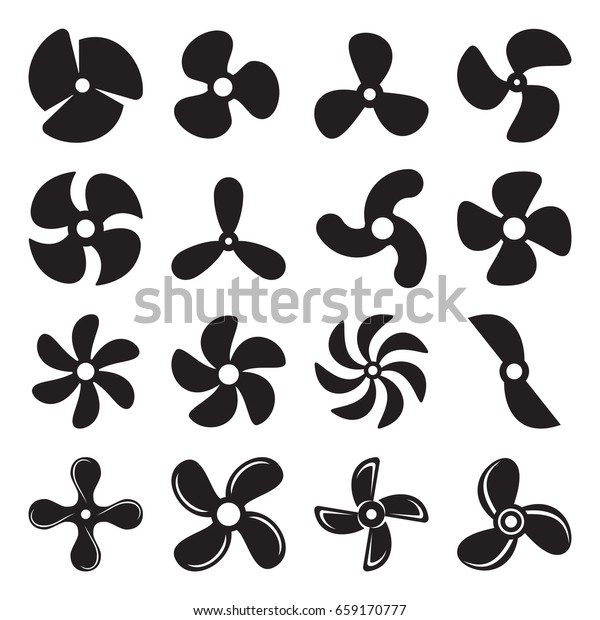 Propeller screw icons.\
Collection of 16 black symbols isolated on a white background.\
Vector illustration
