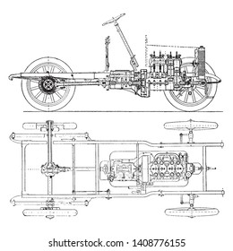 Propeller Shaft Drive (Propeller Shaft Drive) ist ein Sektionalfoto eines frühen Modellfahrzeugs, das einen Propellerwellenantrieb durch Kegelgetriebe zur Hinterachse, Vintage-Linienzeichnung oder Graviergrafik zeigt.