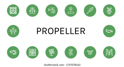 propeller simple icons set. Contains such icons as Cooling system, Windmill, Helicopter, Flow, Air blower, Fan, Pinwheel, Boat engine, Drone, can be used for web, mobile and logo