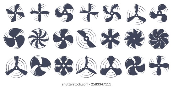 Propellers icons. Black wind turbine blades, airplane and boat engine rotor, electric ventilator and cooler, helicopter ship and aircraft equipment. Vector isolated set.