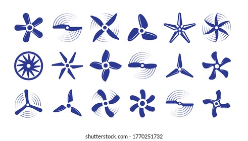 Propellers large set. Retro modern coolers turbine rotary helicopter blades airplanes turbulence stylish ventilation cooling systems graphic power air flow ship rotation energy. Vector aerial.